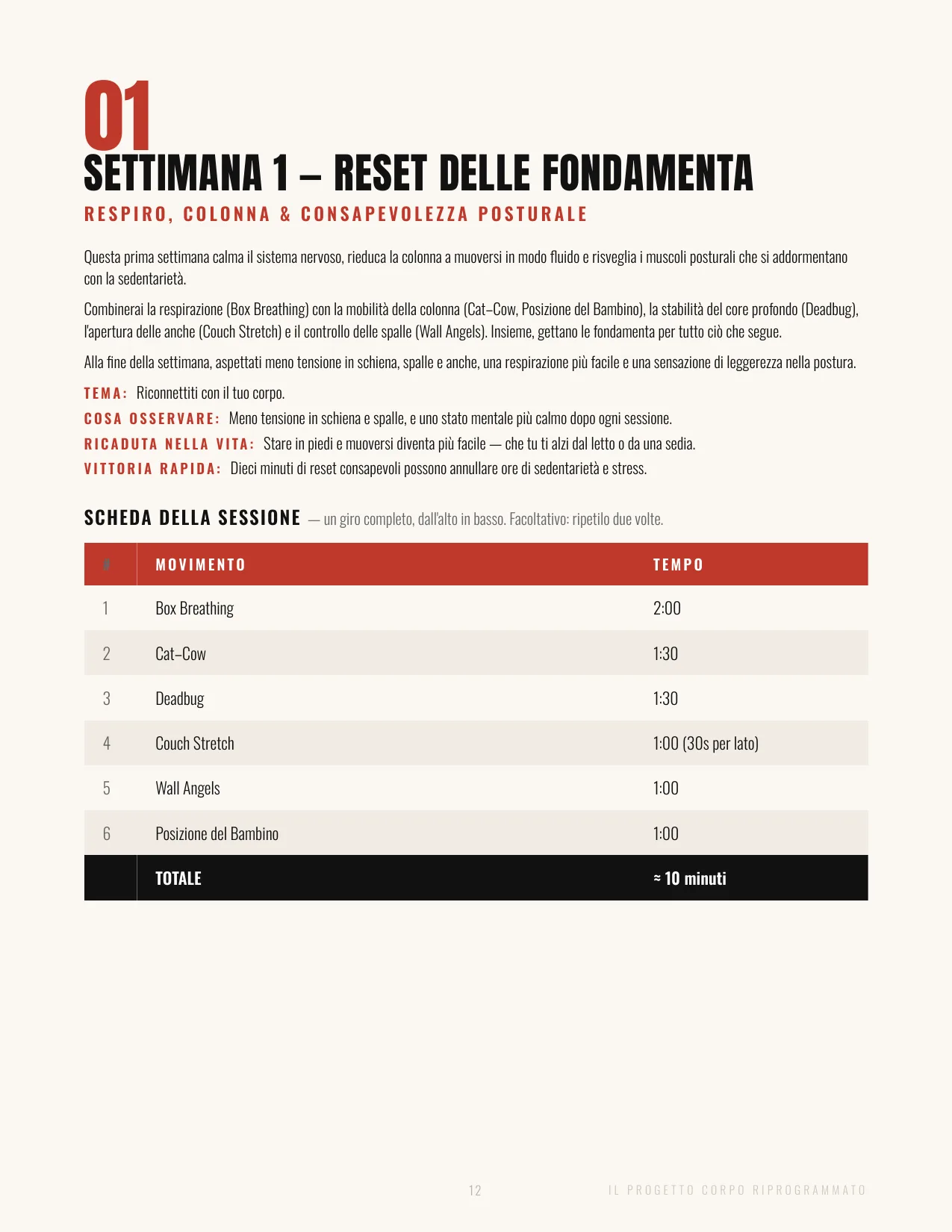 Scheda della sessione della settimana 1 de Il Progetto Corpo Riprogrammato